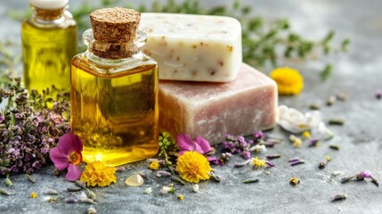 Herbal Essential Oil and Soap on a Grey Background, spa, aromatherapy