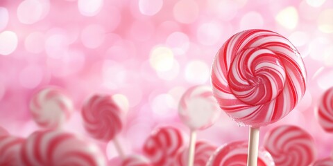 Colorful striped lollipops against a soft pink background.