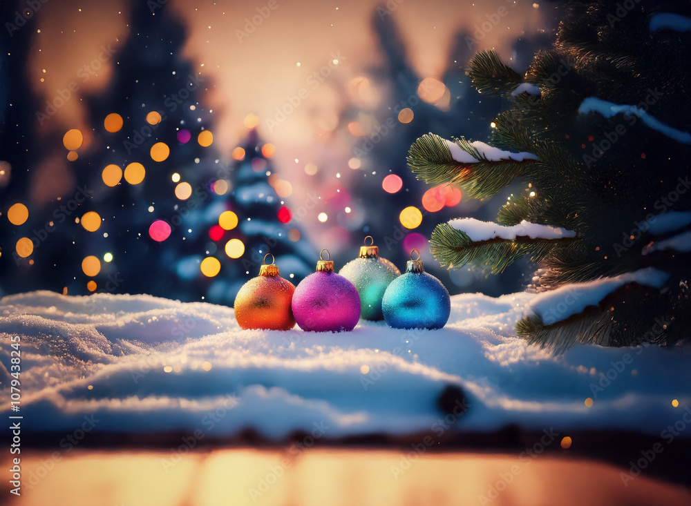 Poster four colorful ornaments rest on a snowy surface with a bokeh of lights in the background.