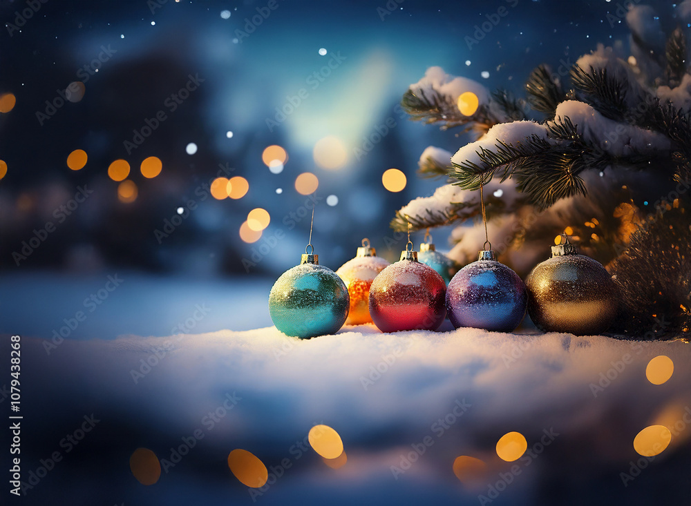 Poster a group of colorful christmas ornaments rest in the snow in front of a pine tree with a blurred back