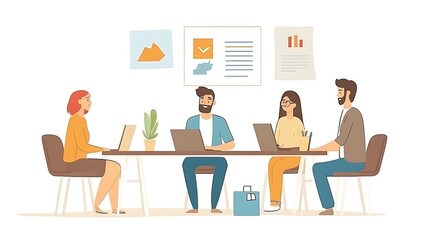 A group of four people collaborating at a table with laptops, discussing ideas in a modern office setting.