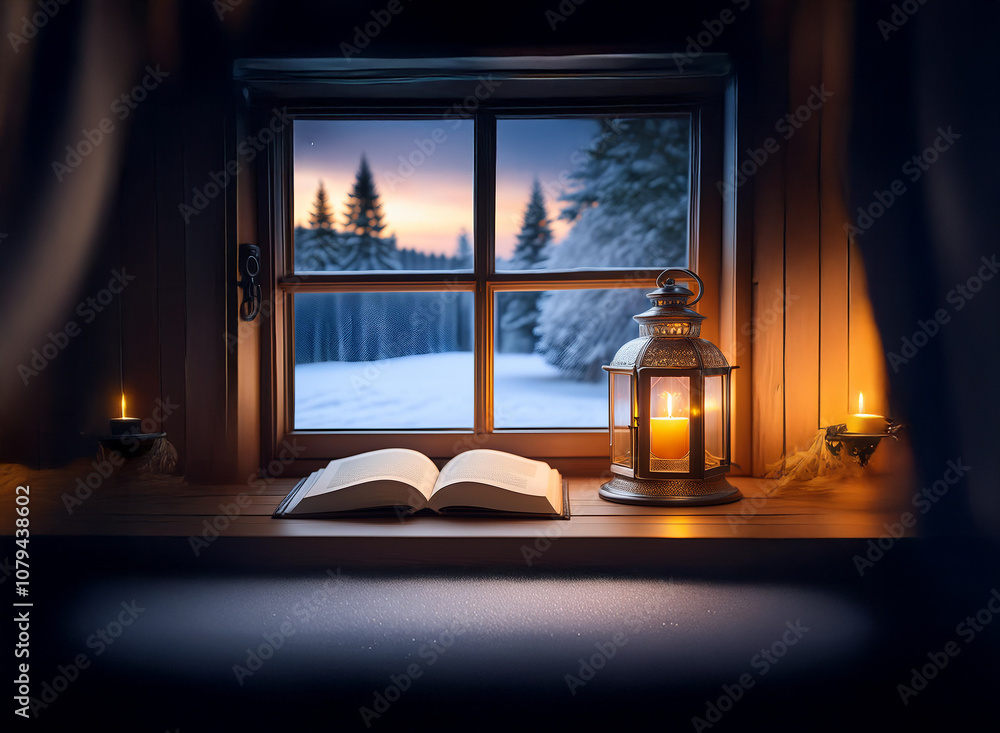 Poster a rustic window with a view of a snowy forest at sunset, illuminated by candles and a lantern. an op