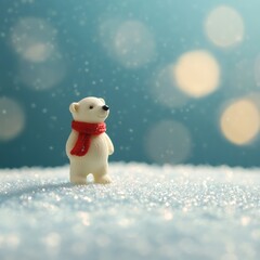 Fototapeta premium A cute white bear wearing a red scarf, perfect for winter-themed decorations or holiday cheer.