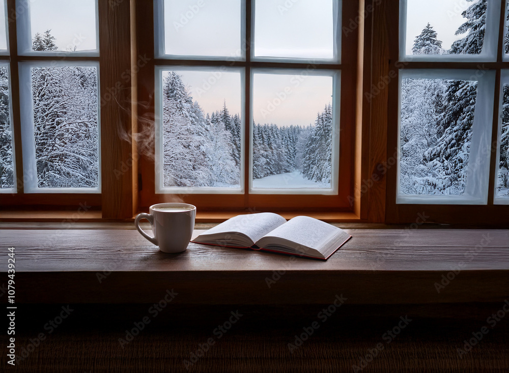 Poster a steaming cup of coffee and an open book rest on a wooden windowsill with a view of a snow-covered 