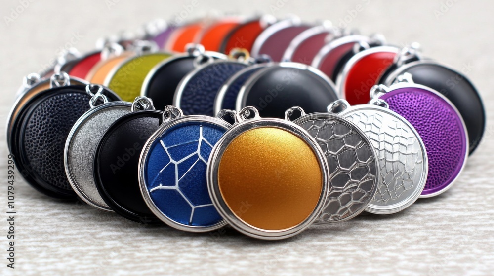 Poster colorful collection of textured pendants displayed in a circular arrangement on a light background