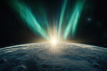Fototapeta premium Sunrise over earth with northern lights space digital art cosmic environment aerial view awe-inspiring moment