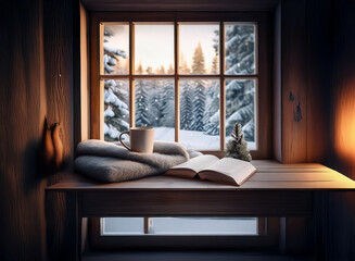 A cozy wooden windowsill with a book, a mug, and a blanket, overlooking a snowy forest.