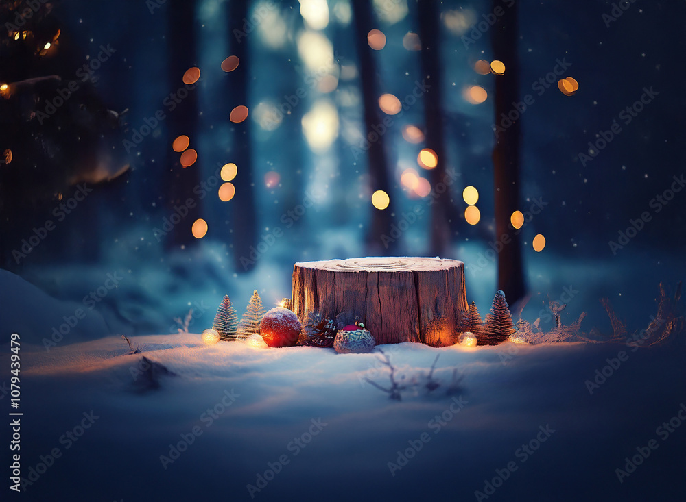 Poster a snowy forest scene with a tree stump in the foreground, surrounded by glowing orbs and small everg
