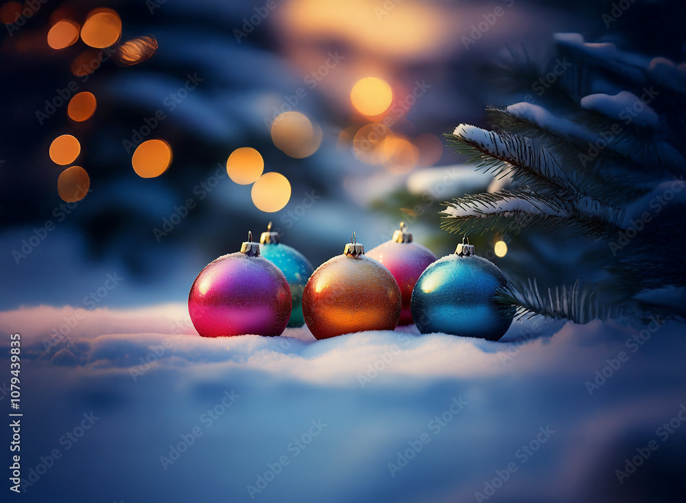 Aufkleber five colorful ornaments rest in the snow with a glowing tree branch in the background.