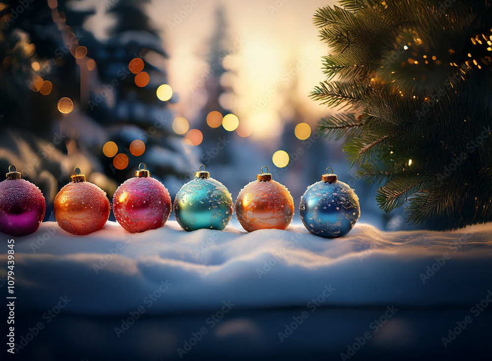 Poster a row of colorful christmas ornaments rest on a snowy surface with a pine tree in the background. th