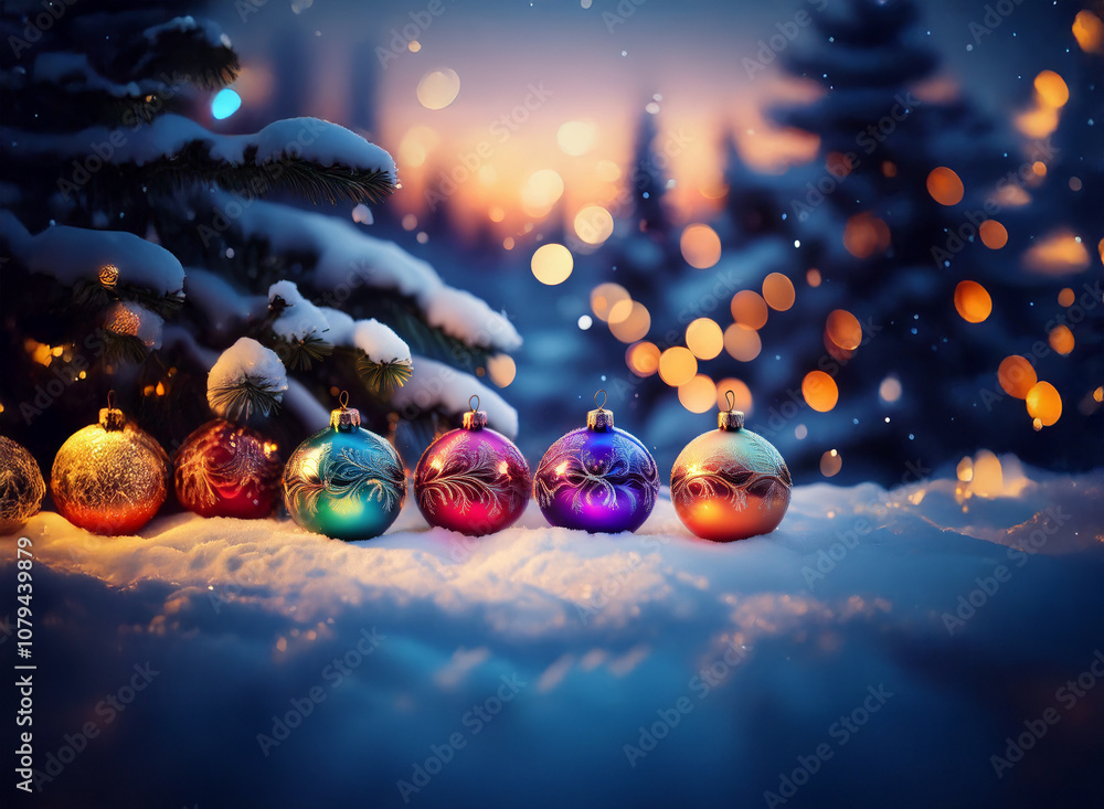 Aufkleber a snowy forest scene at dusk with a row of colorful ornaments resting on the snow in front of a pine