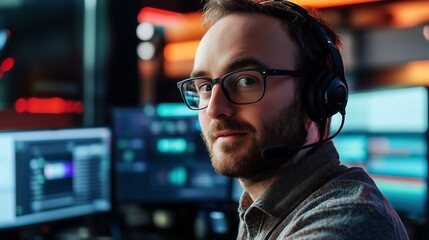 Fototapeta premium Focused young Caucasian man in headset working in a modern tech control room.