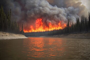 Wildfire action forest nature scene riverbank dramatic viewpoint environmental crisis
