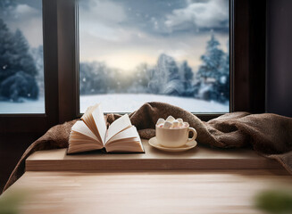 A cup of hot chocolate with marshmallows sits next to an open book on a windowsill overlooking a snowy winter landscape.