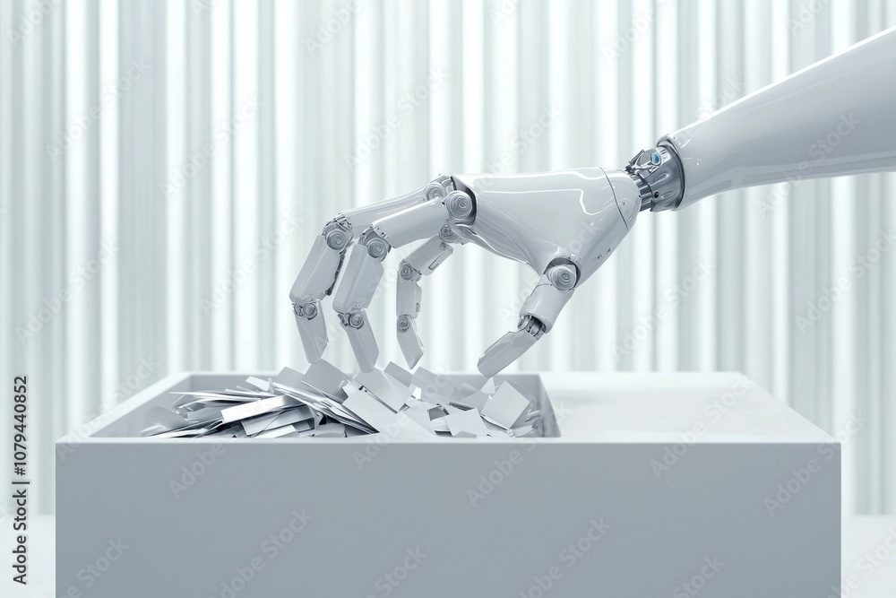 Poster robot hand sorting papers futuristic office digital art minimalist environment close-up view automat