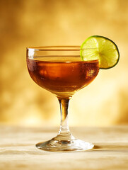A classic cocktail with a lime wedge garnish sits on a table against a golden backdrop