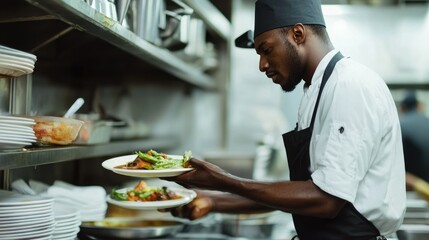 A chef in a white shirt and black apron plating food in a restaurant kitchen.