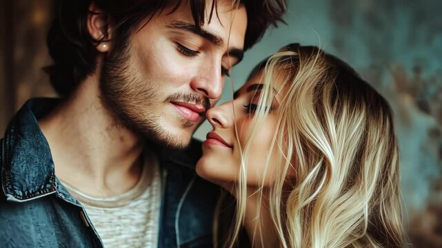 Romantic moment between a couple embracing in a cozy setting with soft lighting and warm colors. Happy Valentine's Day