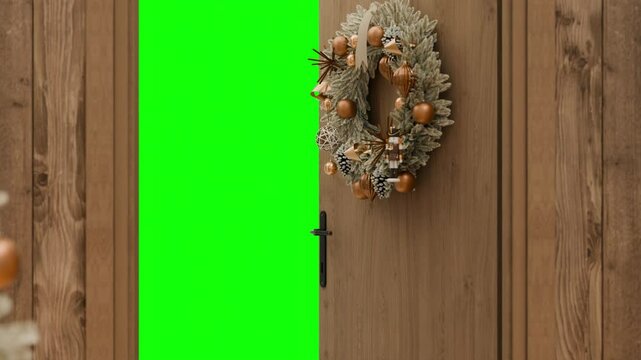 wooden door opening animation, christmas tree and wreath decoration, green screen chroma key	
