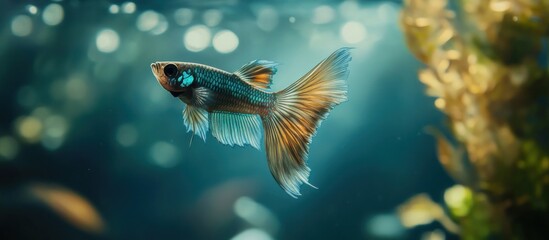 Fototapeta premium Close-up of a guppy fish in a serene underwater scene, subtle blue and green hues in the water, detailed and realistic textures