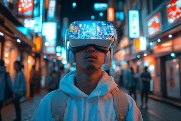 Immersive Cyber Future: Young Man Engaged in Virtual Reality Experience Wearing Futuristic VR Glasses Reflecting Neon Cityscape Lights, Perfect for Technology, Gaming, and Cyberpunk-Themed Concepts