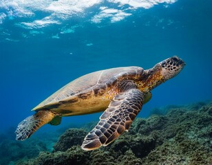 Obraz premium An endangered Sea Turtle cruises in the warm waters of the Ocean.