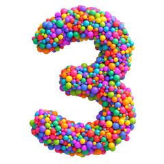Number 3 made of bright multicolored glossy balls. Digit three. Ideal for kid's zone, playroom decor, children’s design, festive themes. Rainbow mixed random spheres formed creative font. 3d rendering