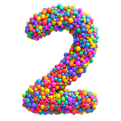 Number 2 made of bright multi-colored glossy balls. Digit two. Ideal for kid's zone, playroom decor, children’s design, festive themes. Rainbow mixed random spheres formed creative font. 3d rendering