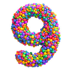 Number 9 made of bright multi-colored glossy balls. Digit nine. Ideal for kid's zone, playroom decor, children’s design, festive themes. Rainbow mixed random spheres formed creative font. 3d rendering
