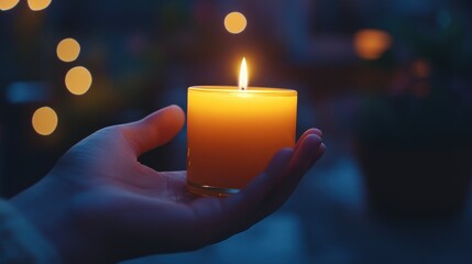 A hand holds a lit candle in the dark. Perfect for representing hope, peace, and remembrance.