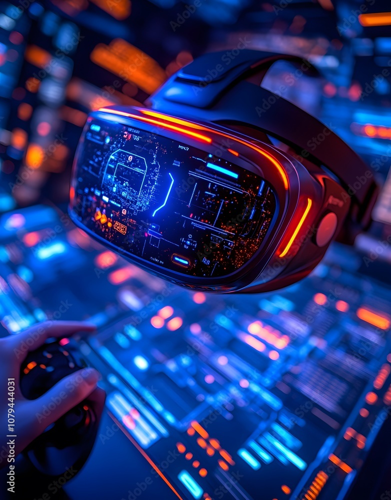 Poster a futuristic vr headset with glowing interfaces and a hand holding a controller.