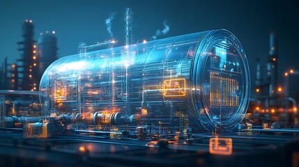 A futuristic industrial facility with transparent structures and glowing data interfaces.