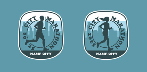 City marathon vintage logo, people running in the city
