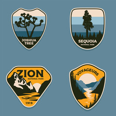 Set Emblems patch logo illustration of Joshua tree, Zion, Sequoia, Voyageurs National Park, USA.