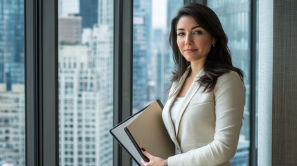 Fototapeta premium Confident Female Professional in Formal Attire Holding a Portfolio, Standing by a Large Window with a City View, Conveying Success and Ambition