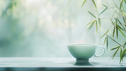 Product photo, delicate celadon porcelain teacup, soft colours, bamboo environment, minimalism, dreamy ethereal bokeh background. Celadon. Illustration