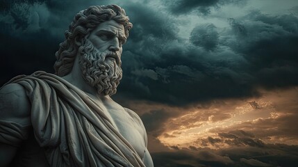 Stoic Ancient Greek Statue Against Dramatic Sunset Sky