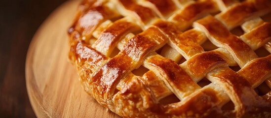 Close-up of apple pie crust with intricate lattice work, golden brown and shiny, sitting on a wooden board 