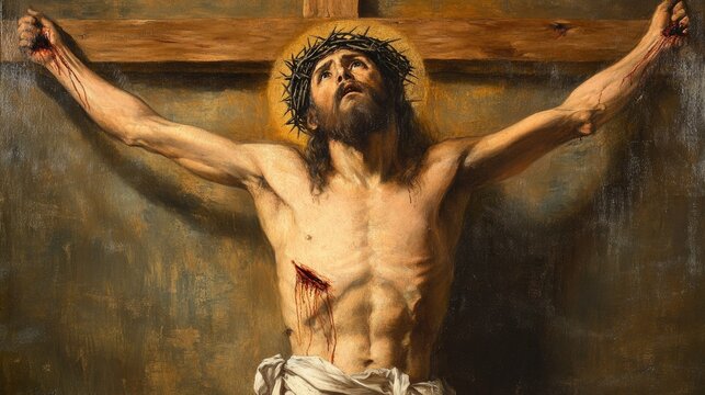 A close-up painting of Jesus Christ on the cross, showing his wounds and a crown of thorns.