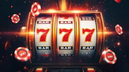 A close-up view of a classic slot machine with three spinning reels that have landed on the lucky number seven, illuminated by a bright light and surrounded by falling casino chips.