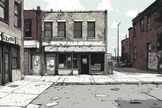  Impact Of Crime On Society. An Illustration Of A Weathered Urban Storefront On A Corner, Surrounded By Vacant Buildings And A Desolate Street Scene Under A Cloudy Sky.