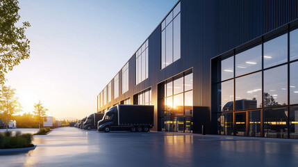 Sleek Black Semi Trucks at Modern Logistics Hub