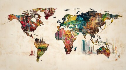 A colorful world map with famous landmarks and a vintage background.