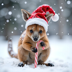 A playful animal in a santa hat enjoying winter with a candy cane in a snowy wonderland, photography of animal portrait concept.