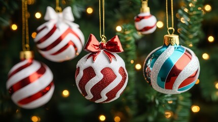 Naklejka premium A festive Christmas tree adorned with colorful ornaments and twinkling lights, creating a warm holiday glow.