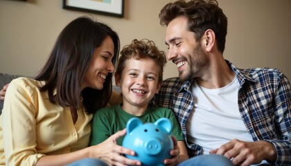 A cheerful family sitting together on the couch, holding a piggy bank, symbolizing saving and financial education. Perfect image for concepts of family, finance, and happiness at home.


