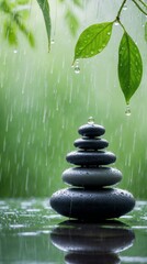 Obraz premium Peaceful Zen Stones Under the Rainfall of an Ancient Green Tree