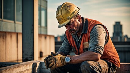 Fototapeta premium a weary industrial worker, clad in worn, earthy-toned protective work wear, including a faded yellow hard hat