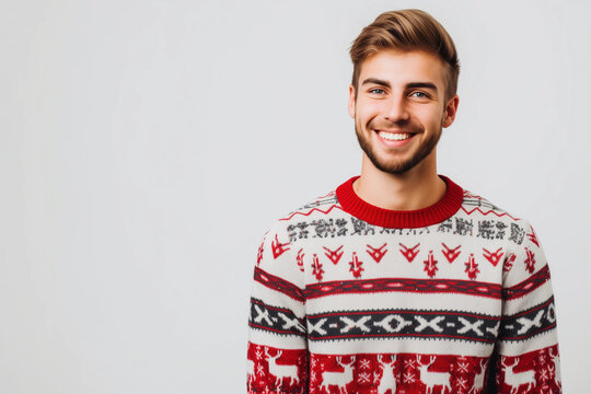 Junger Mann mit Bart im Weihnachtspullover mit Textfreiraum