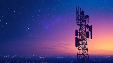 A telecommunications tower silhouetted against a vibrant sunset and starry sky.